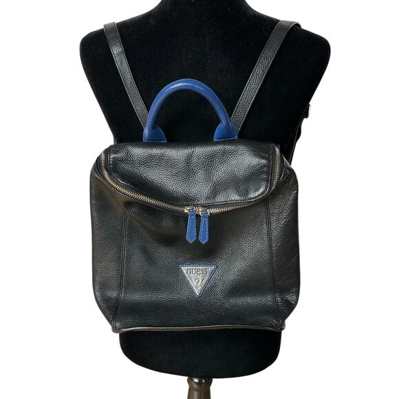 Guess Backpack Black Blue Pebbled Leather Silver Metal Logo Bag 10"x11.75"x4" - Picture 12 of 13